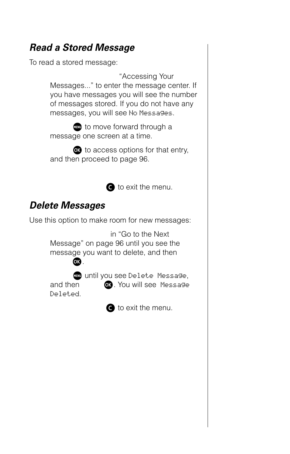 Read a stored message, Delete messages | Motorola 9520 User Manual | Page 97 / 174
