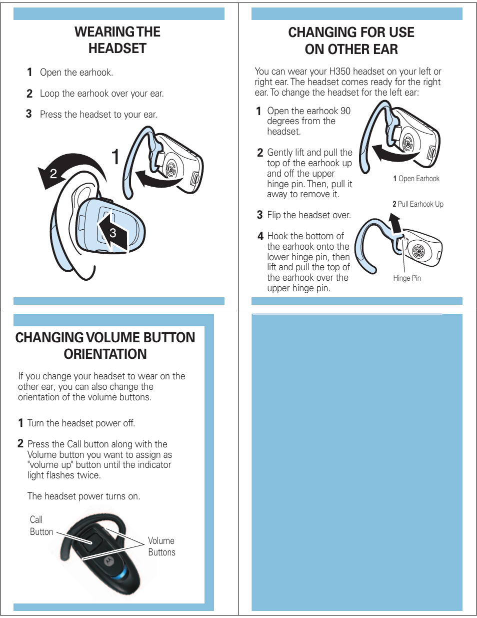 Wearing the headset, Changing for use on other ear, Changing volume button orientation | Motorola H350 User Manual | Page 4 / 5