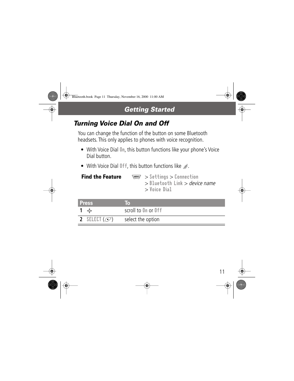 Getting started turning voice dial on and off | Motorola Bluetooth Module User Manual | Page 11 / 23