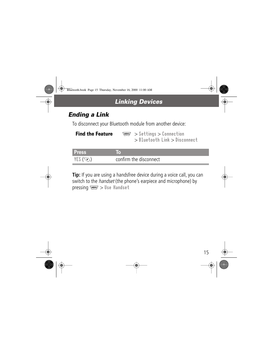 Linking devices ending a link | Motorola Bluetooth Module User Manual | Page 15 / 23