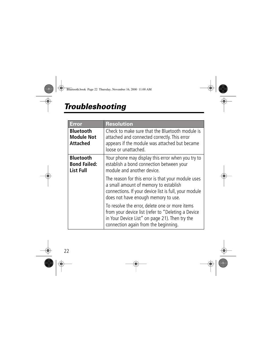 Troubleshooting | Motorola Bluetooth Module User Manual | Page 22 / 23