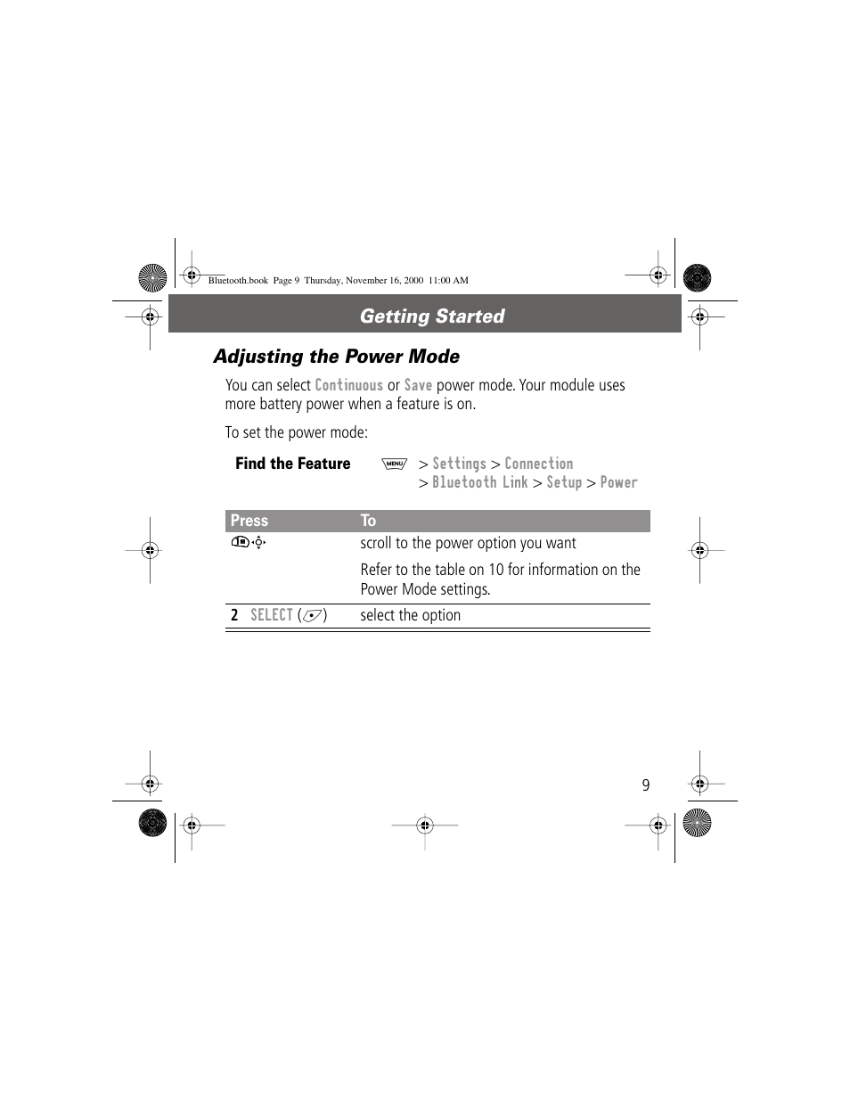 Getting started adjusting the power mode | Motorola Bluetooth Module User Manual | Page 9 / 23