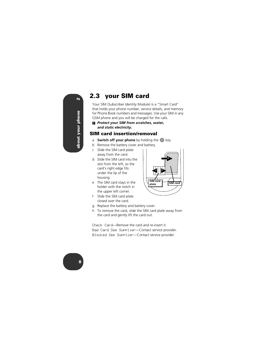 3 your sim card, Sim card insertion/removal | Motorola 2001 Portable Cell Phone User Manual | Page 12 / 70