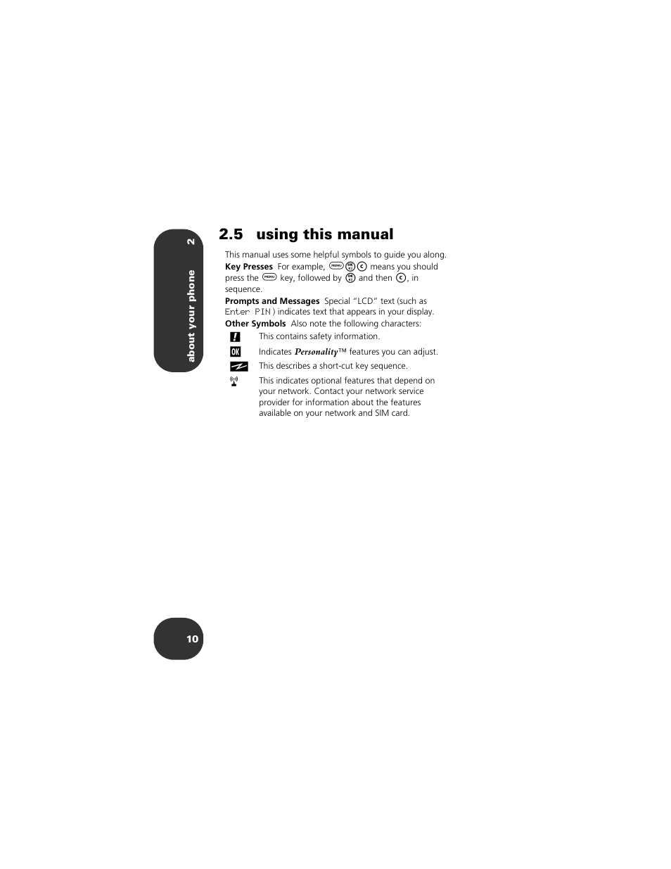 5 using this manual | Motorola 2001 Portable Cell Phone User Manual | Page 14 / 70