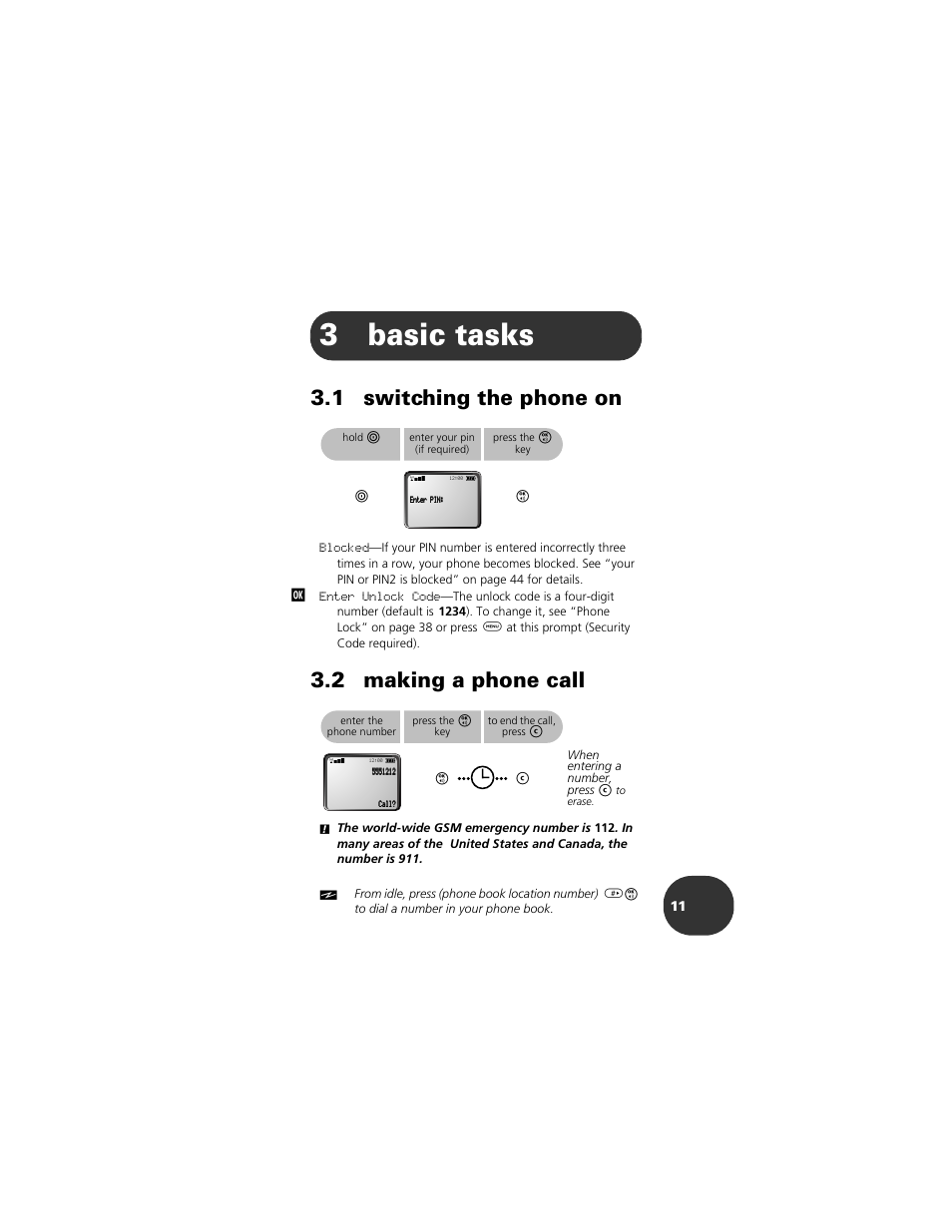 Basic tasks, 1 switching the phone on, 2 making a phone call | 3 basic tasks, 3basic tasks | Motorola 2001 Portable Cell Phone User Manual | Page 15 / 70