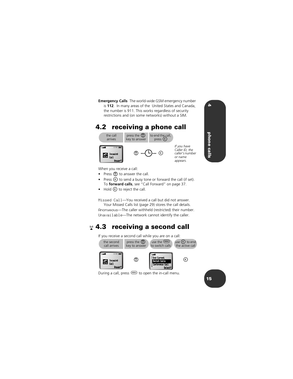 2 receiving a phone call, 3 receiving a second call, 4phone calls 15 | Motorola 2001 Portable Cell Phone User Manual | Page 19 / 70