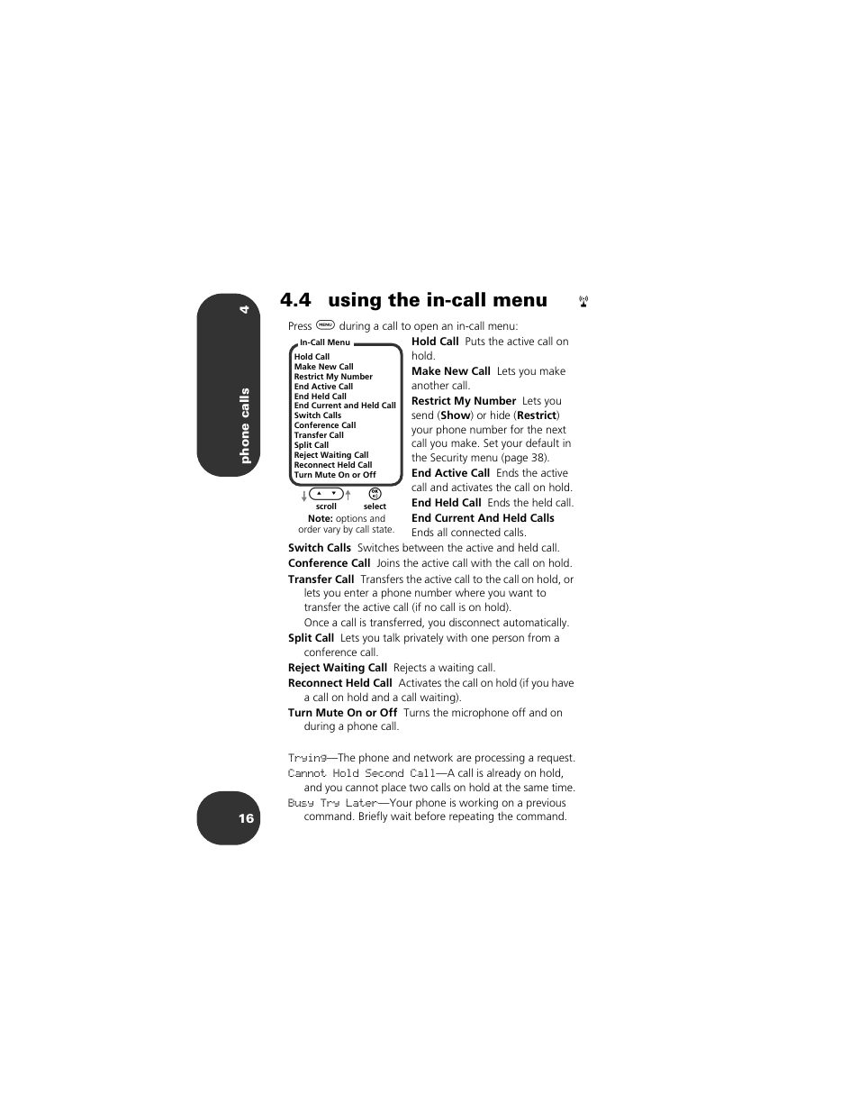 4 using the in-call menu | Motorola 2001 Portable Cell Phone User Manual | Page 20 / 70