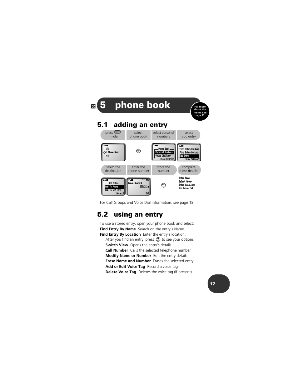 Phone book, 1 adding an entry, 2 using an entry | 5 phone book, 5phone book | Motorola 2001 Portable Cell Phone User Manual | Page 21 / 70