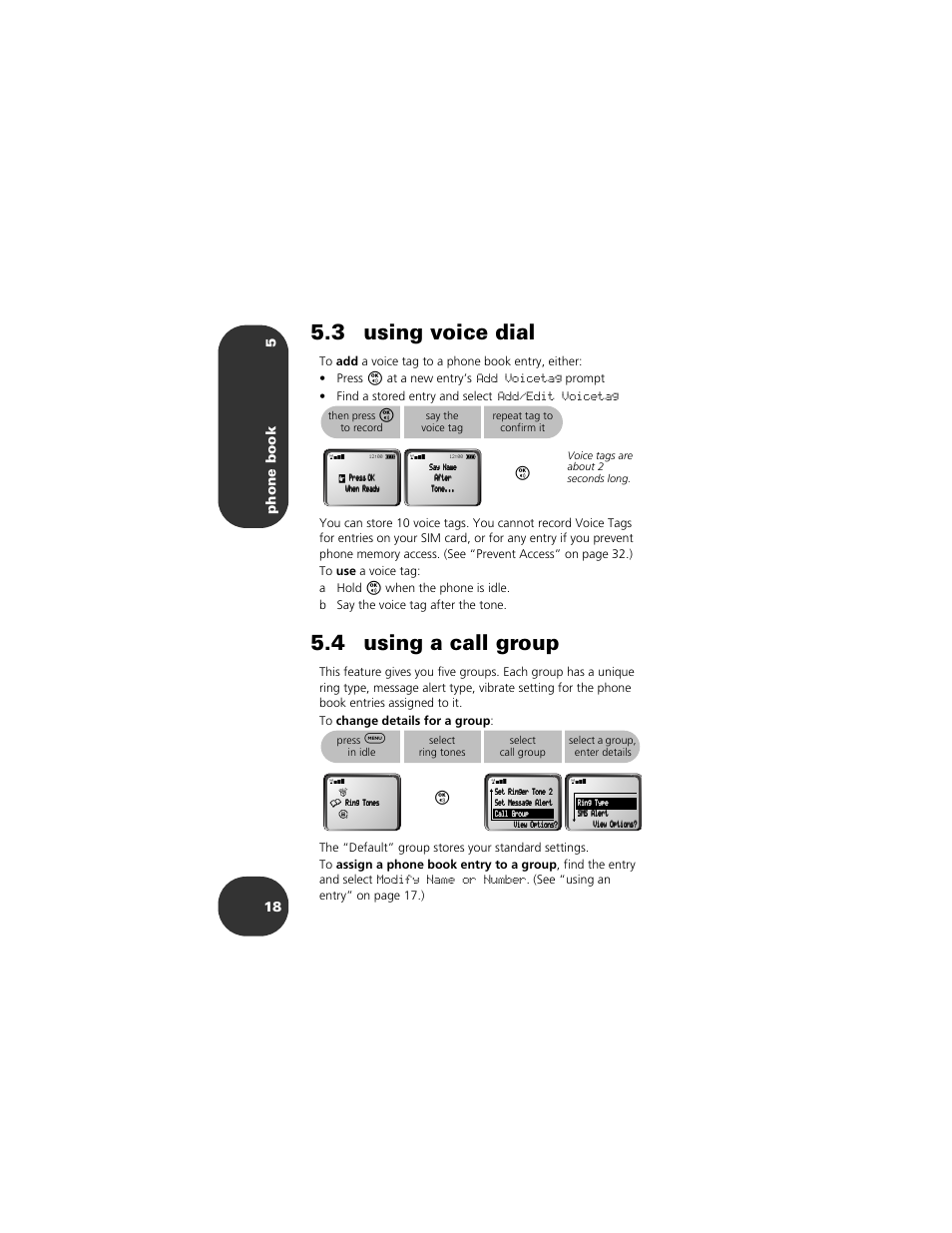 3 using voice dial, 4 using a call group, Phone book 5 18 | At a new entry’s, Prompt • find a stored entry and select, See “using an entry” on page 17.) | Motorola 2001 Portable Cell Phone User Manual | Page 22 / 70