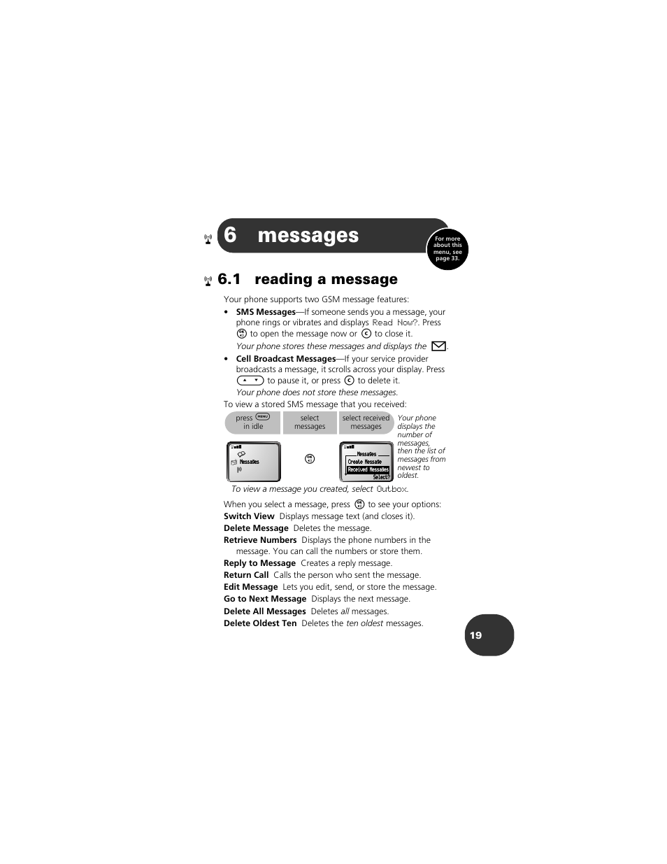 Messages, 1 reading a message, 6 messages 19 | See “reading a, 6messages | Motorola 2001 Portable Cell Phone User Manual | Page 23 / 70