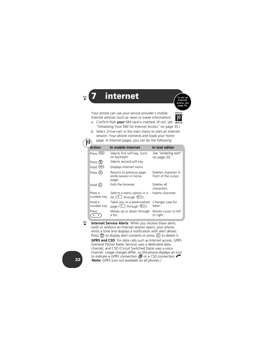 Internet, 7 internet 22, 7internet | Motorola 2001 Portable Cell Phone User Manual | Page 26 / 70