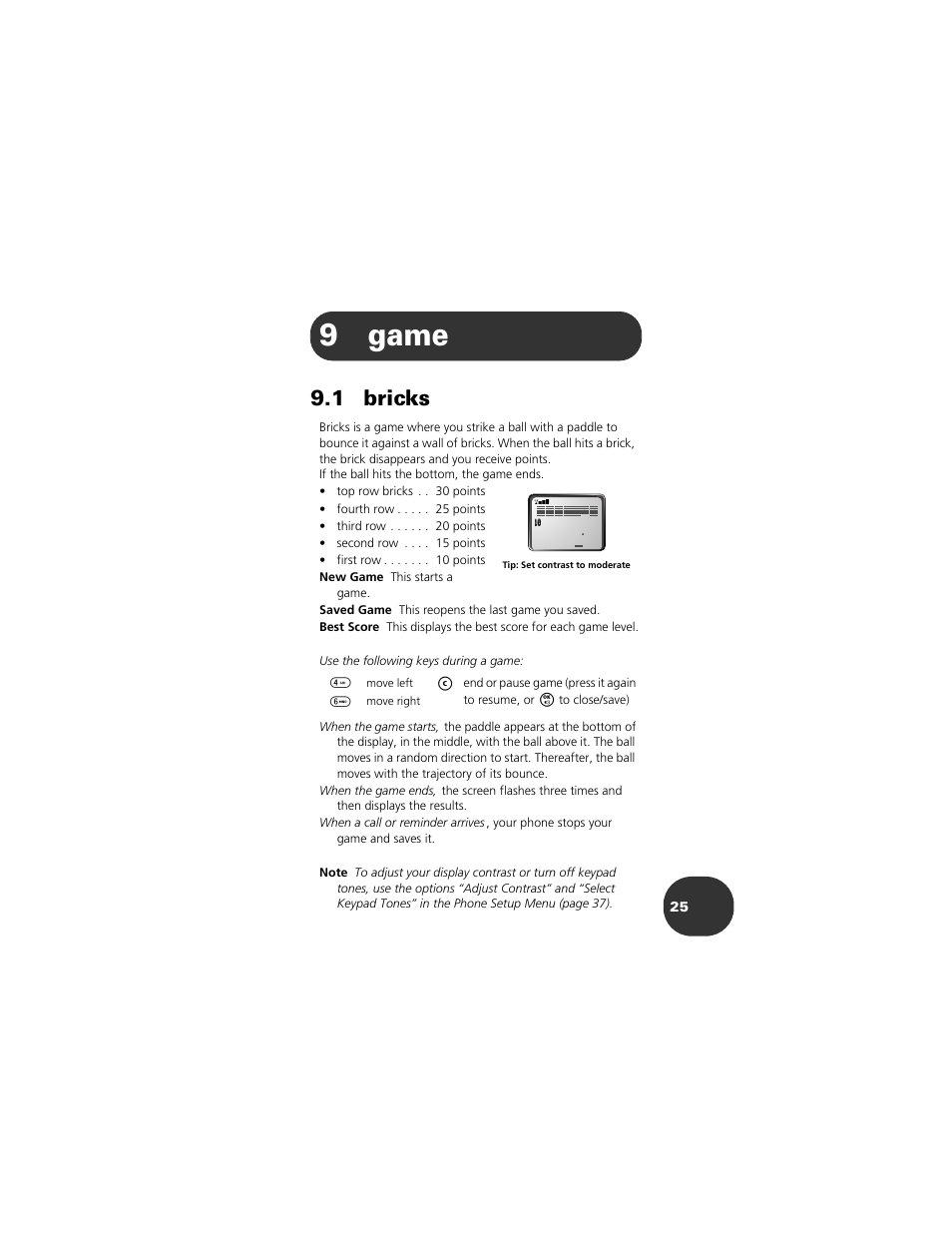 Game, 1 bricks, 9 game 25 | 1 bricks 25, 9game | Motorola 2001 Portable Cell Phone User Manual | Page 29 / 70