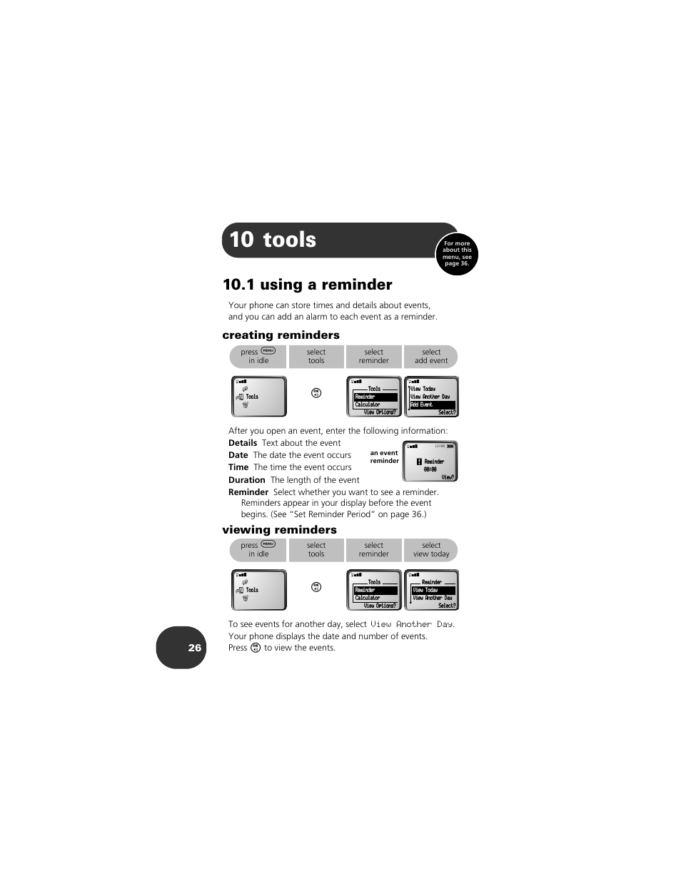 Tools, 1 using a reminder, 10 tools 26 | 10 tools, Creating reminders, Viewing reminders | Motorola 2001 Portable Cell Phone User Manual | Page 30 / 70