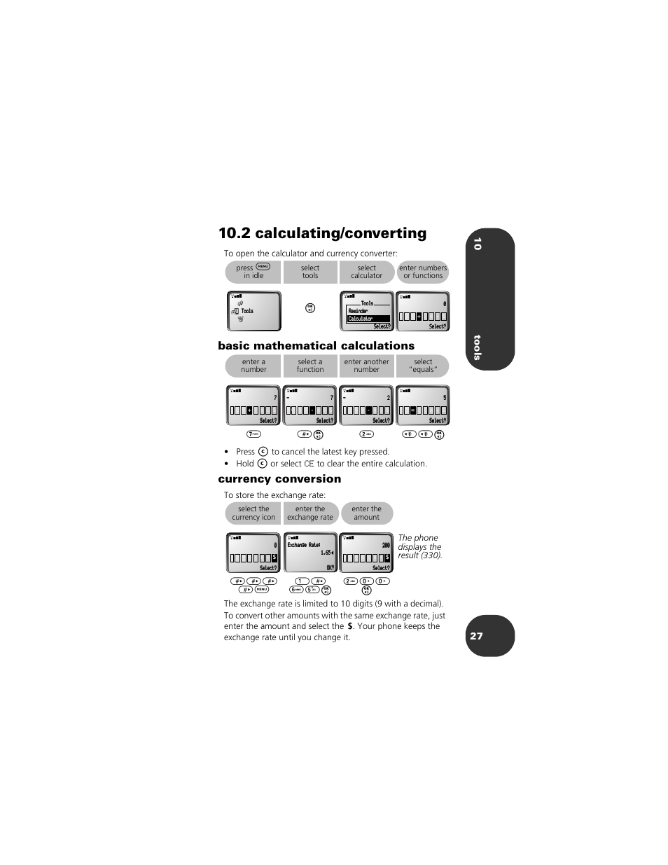 2 calculating/converting, 2 calculating/converting 27, Basic mathematical calculations | Currency conversion, 10 tools 27, 1> 65o, 200 o, Press, Or select, The phone displays the result (330) | Motorola 2001 Portable Cell Phone User Manual | Page 31 / 70