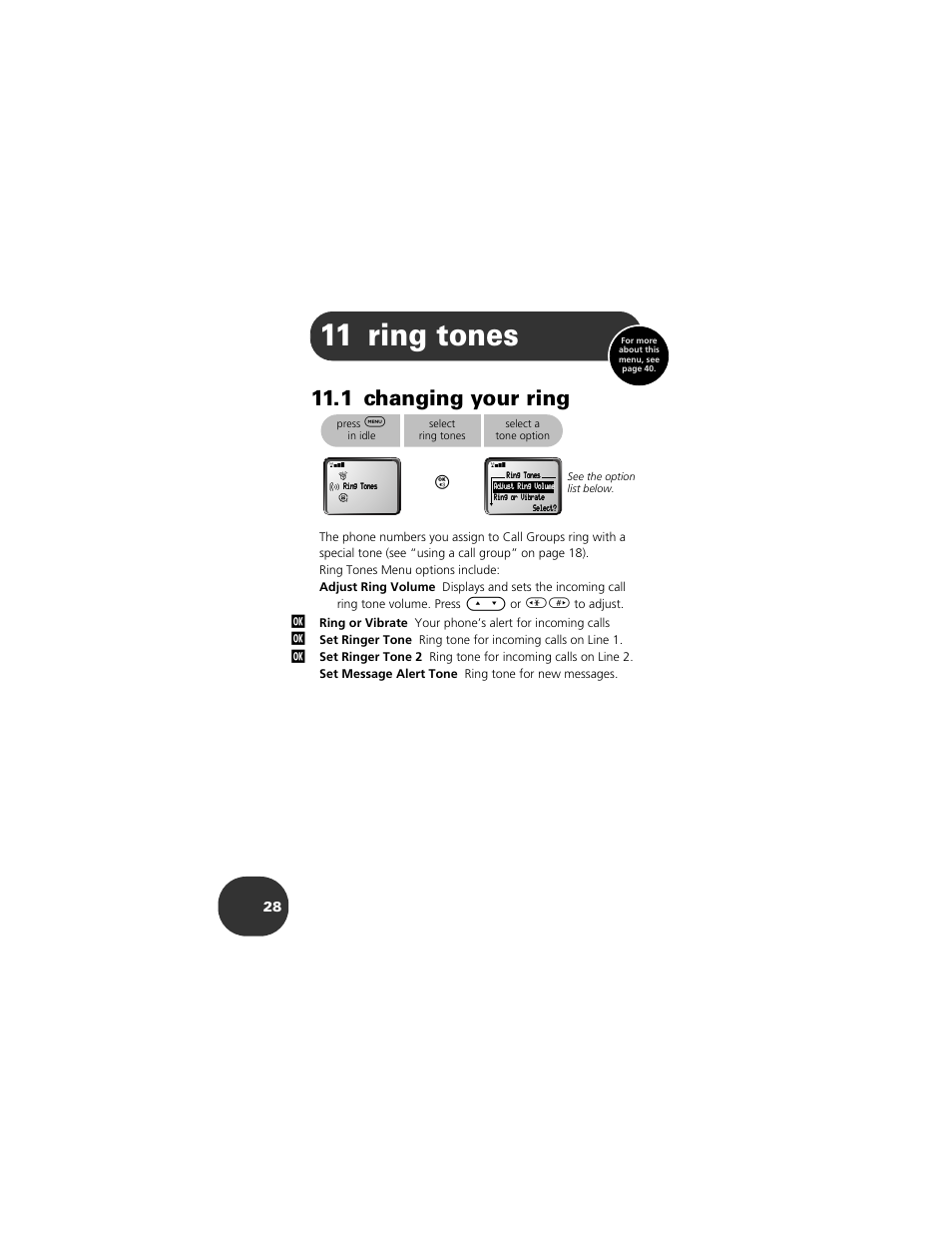 Ring tones, 1 changing your ring, 11 ring tones | Motorola 2001 Portable Cell Phone User Manual | Page 32 / 70