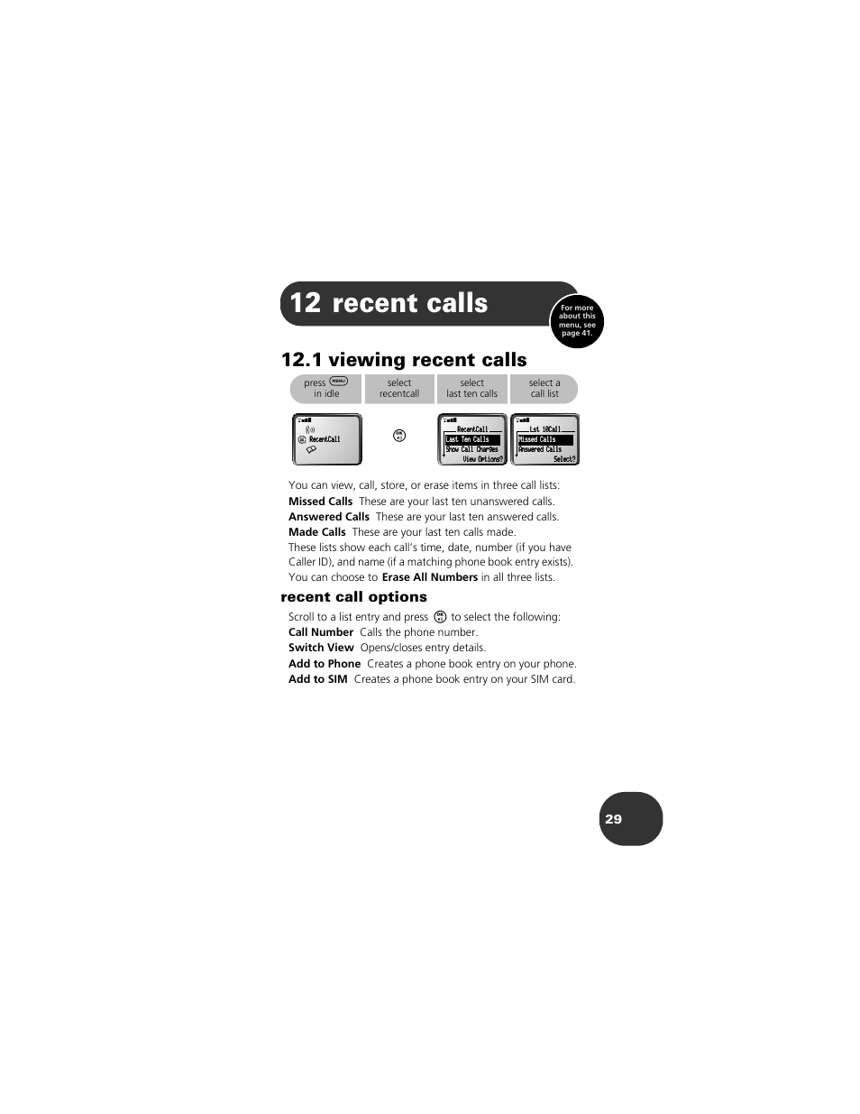 Recent calls, 1 viewing recent calls, 12 recent calls | See “viewing recent calls, Recent call options, Scroll to a list entry and press | Motorola 2001 Portable Cell Phone User Manual | Page 33 / 70
