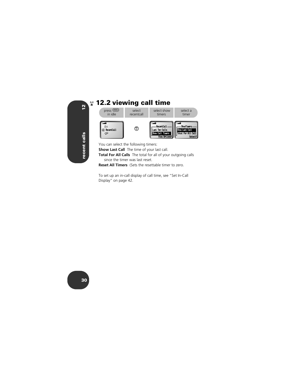 2 viewing call time, Recent calls 12 30 | Motorola 2001 Portable Cell Phone User Manual | Page 34 / 70