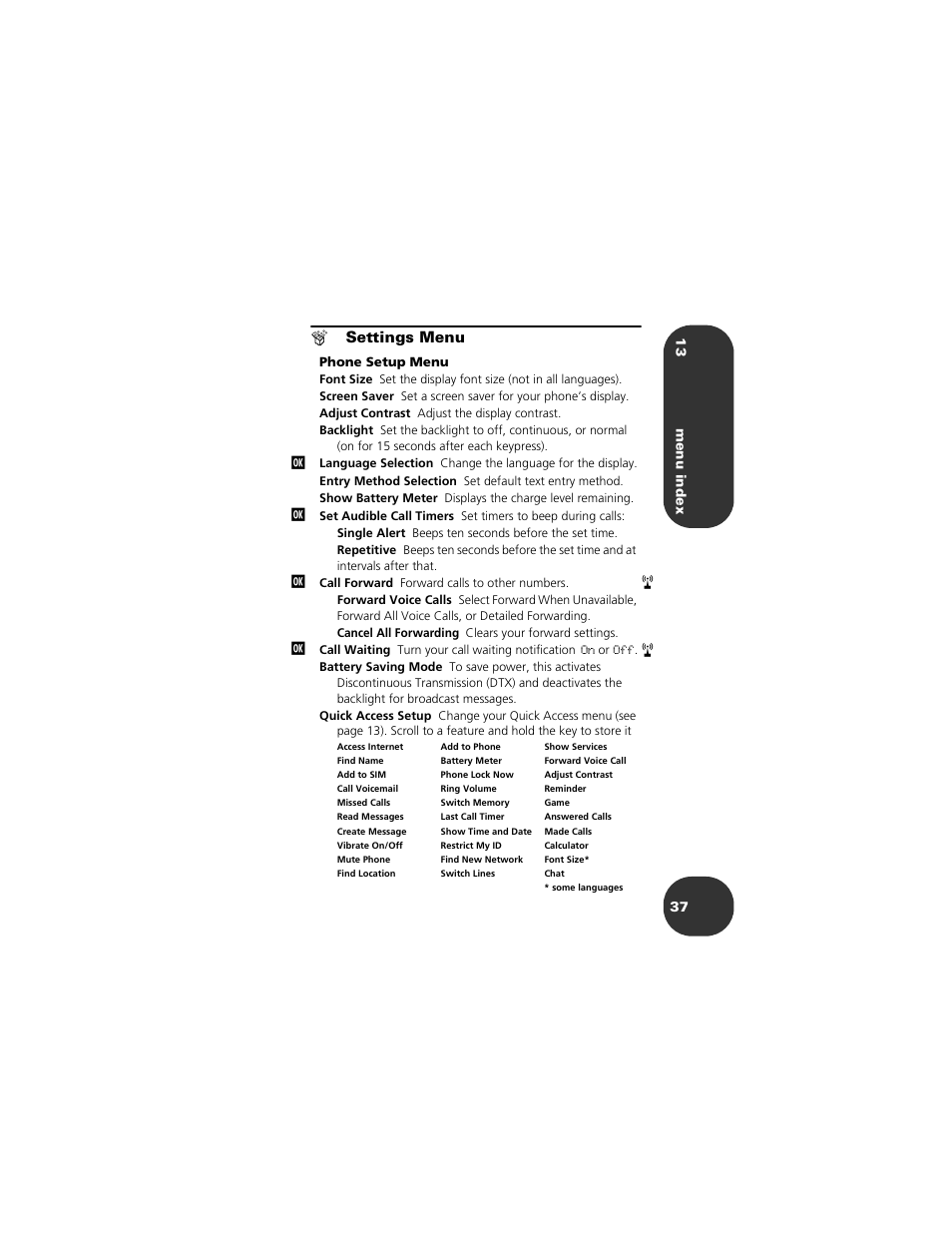 Settings menu | Motorola 2001 Portable Cell Phone User Manual | Page 41 / 70