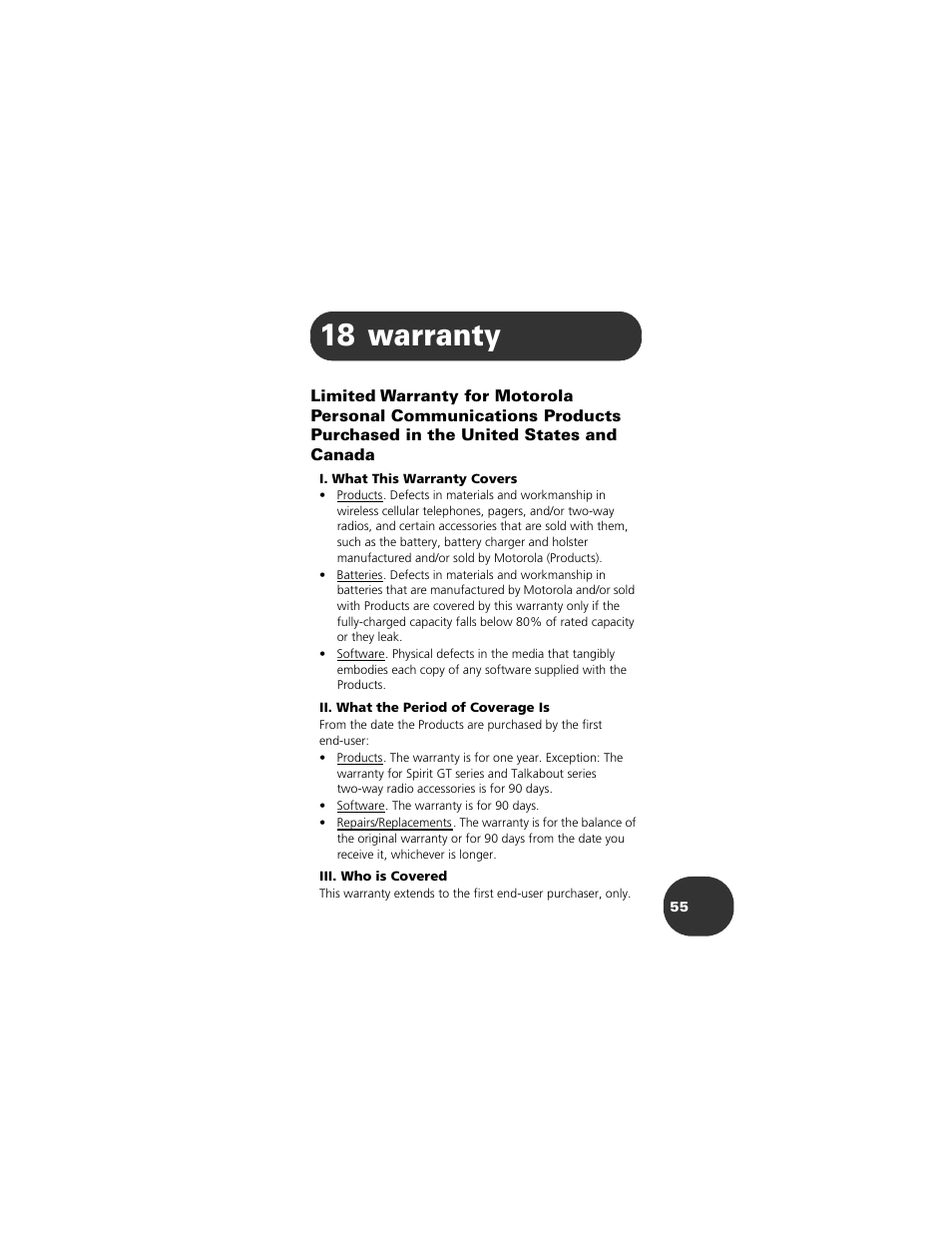 Warranty, 18 warranty 55, 18 warranty | Motorola 2001 Portable Cell Phone User Manual | Page 59 / 70