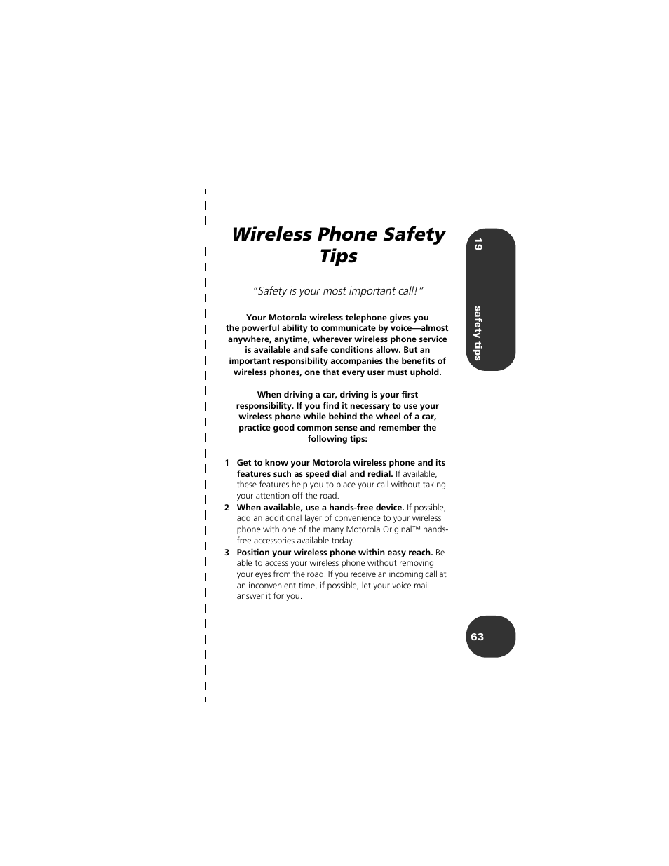 S a f e t y t i p s, Safety tips, Wireless phone safety tips | Motorola 2001 Portable Cell Phone User Manual | Page 67 / 70