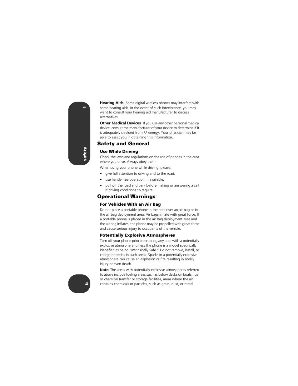 Safety and general, Operational warnings | Motorola 2001 Portable Cell Phone User Manual | Page 8 / 70