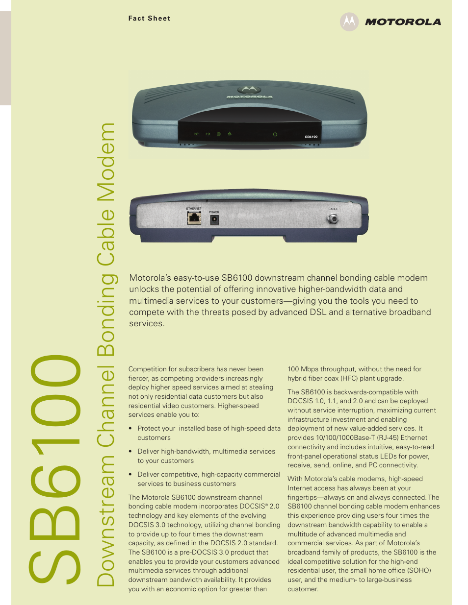 Motorola DOWNSTREAMCHANNELBONDINGCABLEMODEM SB6100 User Manual | 2 pages
