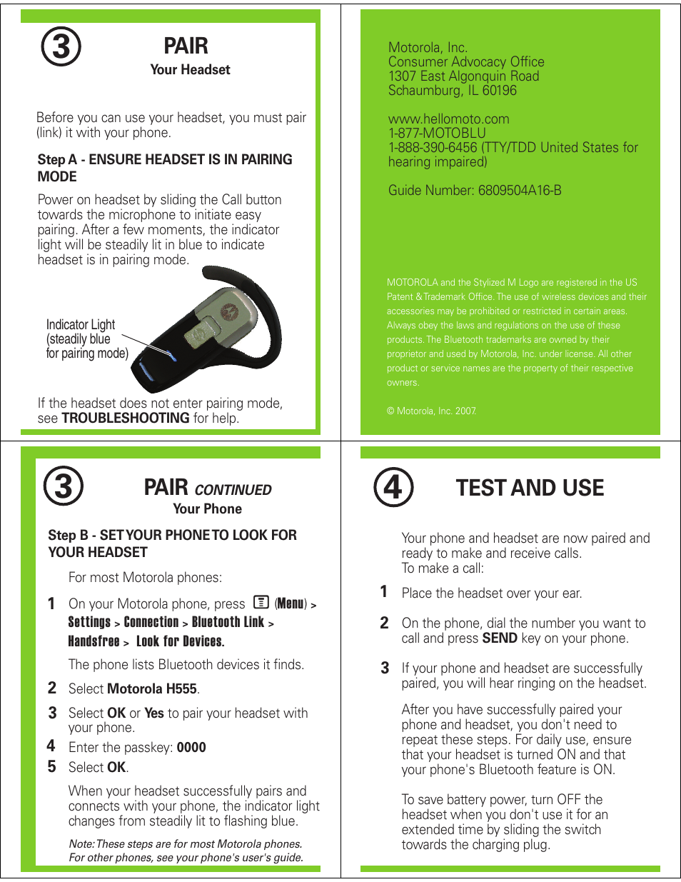 Pair, Test and use | Motorola H555 User Manual | Page 2 / 5