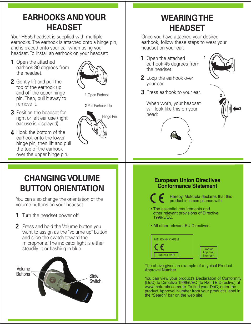 Earhooks and your headset, Wearing the headset, Changing volume button orientation | Motorola H555 User Manual | Page 4 / 5