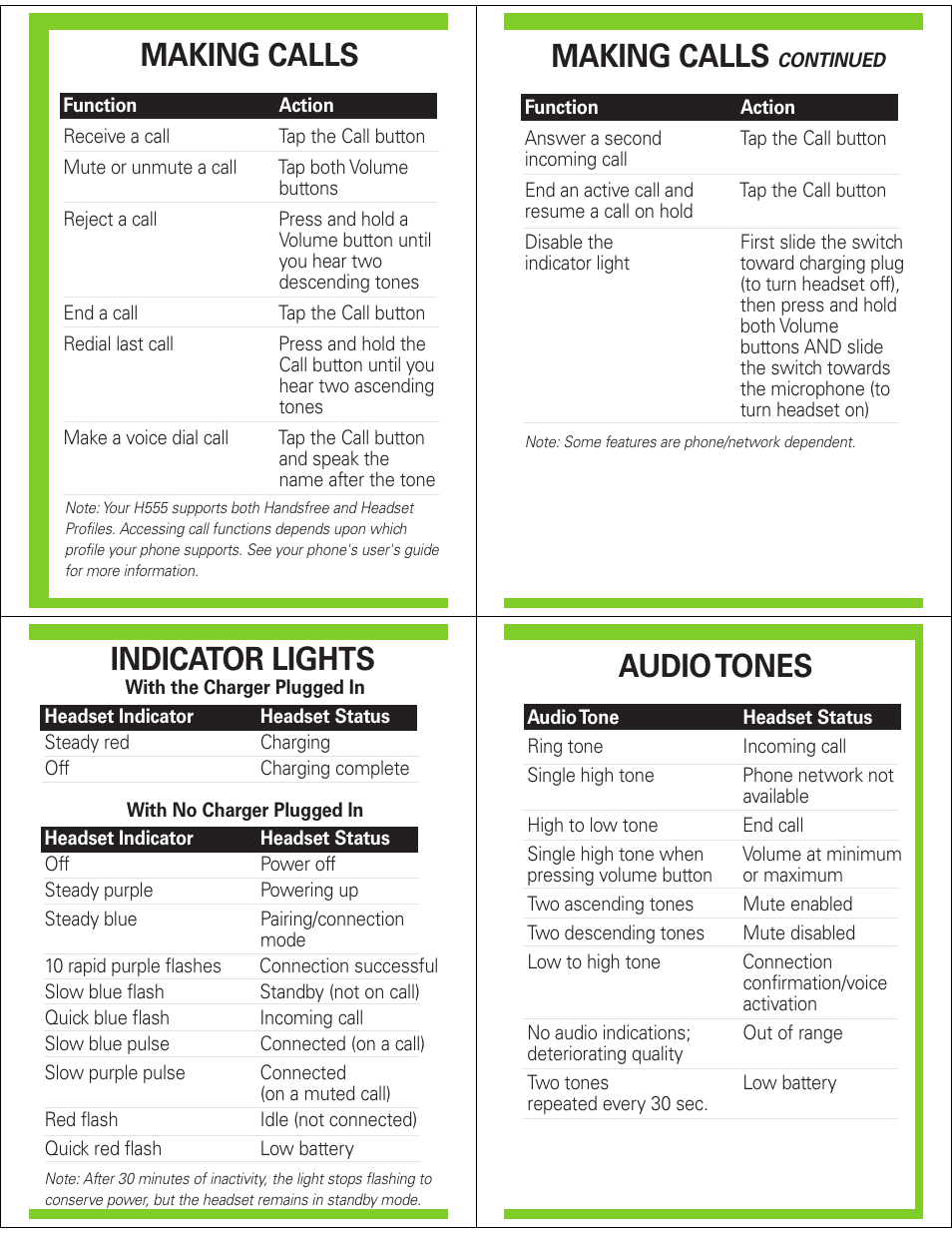 Making calls, Indicator lights, Audio tones | Motorola H555 User Manual | Page 5 / 5