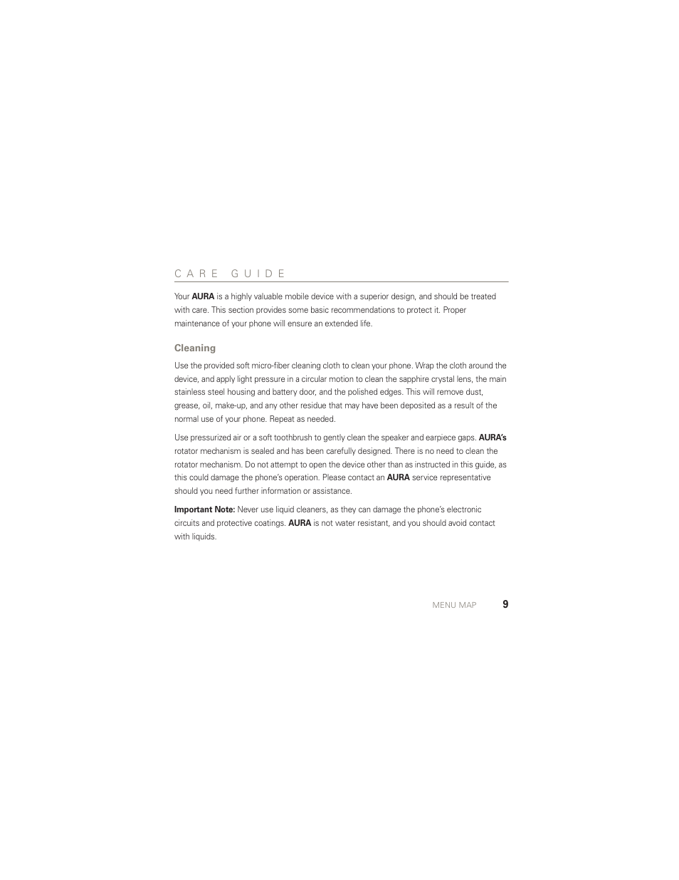 Care guide, Cleaning | Motorola AURA R1 User Manual | Page 11 / 106