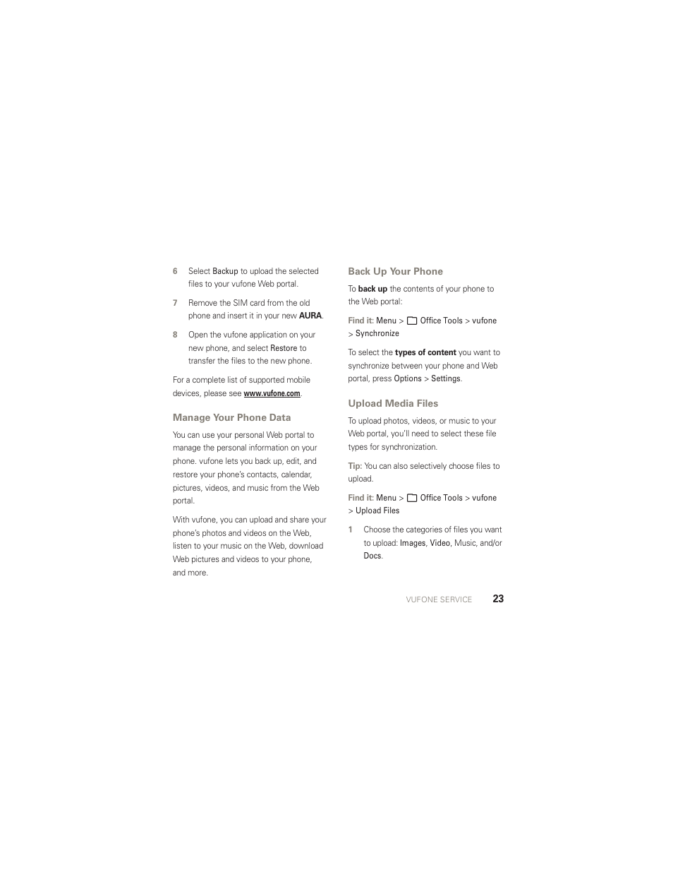 Manage your phone data, Back up your phone, Upload media files | Motorola AURA R1 User Manual | Page 25 / 106