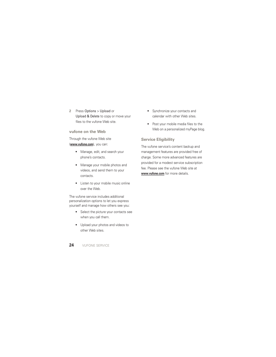 Vufone on the web, Service eligibility | Motorola AURA R1 User Manual | Page 26 / 106