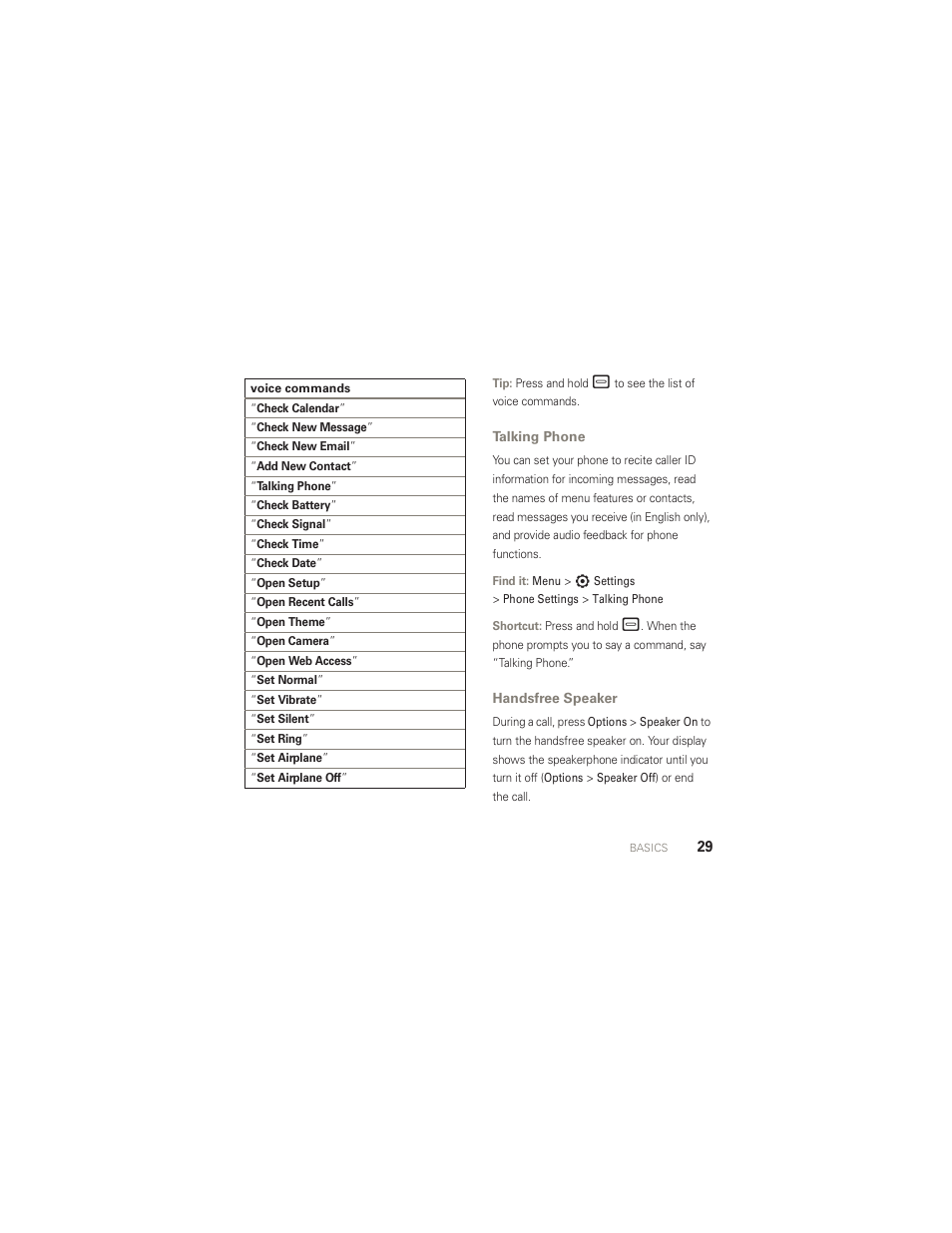 Talking phone, Handsfree speaker | Motorola AURA R1 User Manual | Page 31 / 106