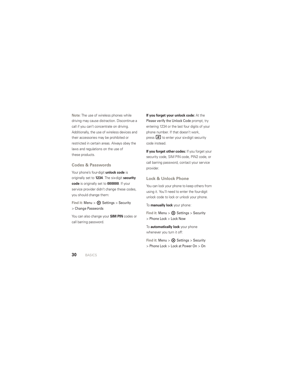 Codes & passwords, Lock & unlock phone | Motorola AURA R1 User Manual | Page 32 / 106