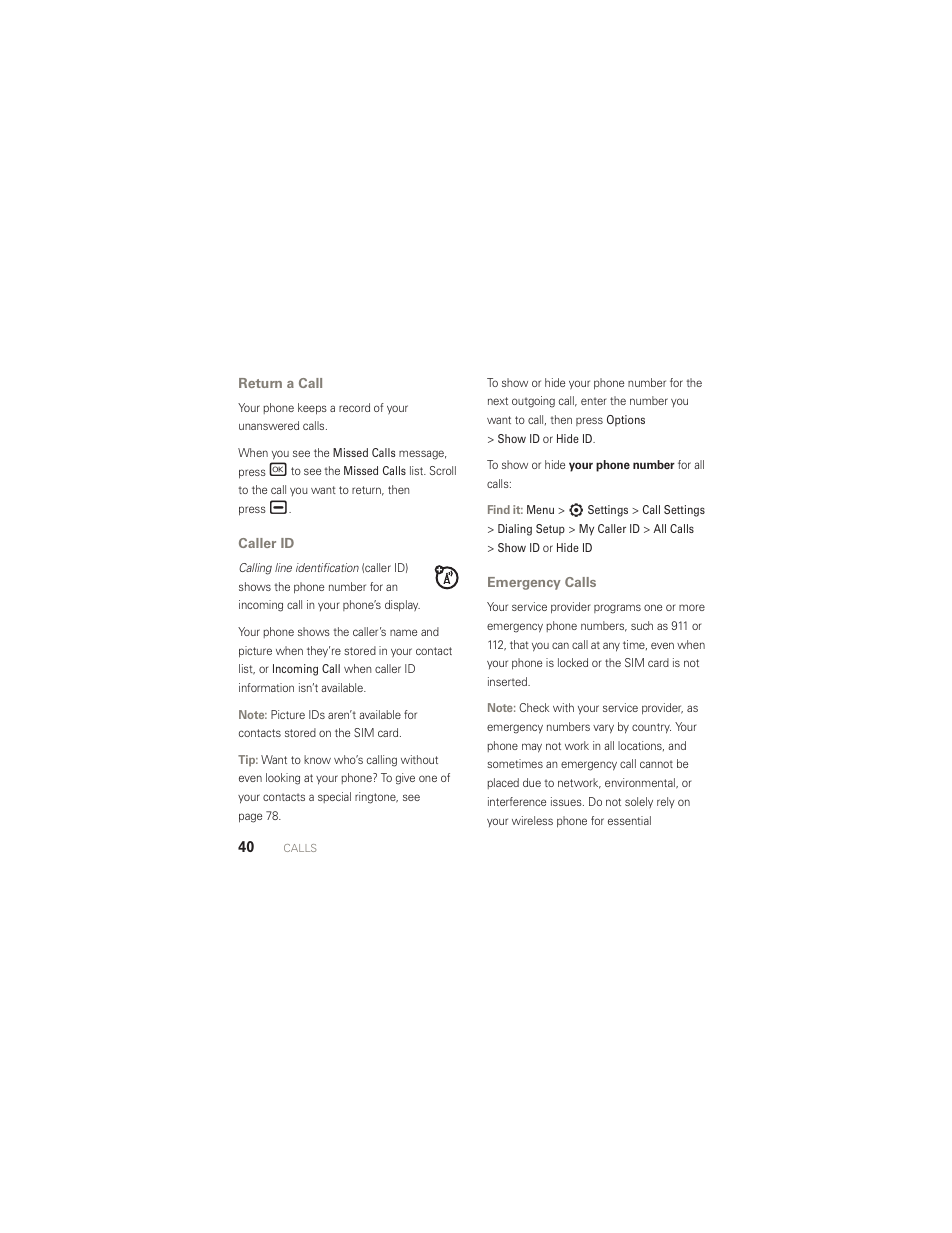 Return a call, Caller id, Emergency calls | Motorola AURA R1 User Manual | Page 42 / 106
