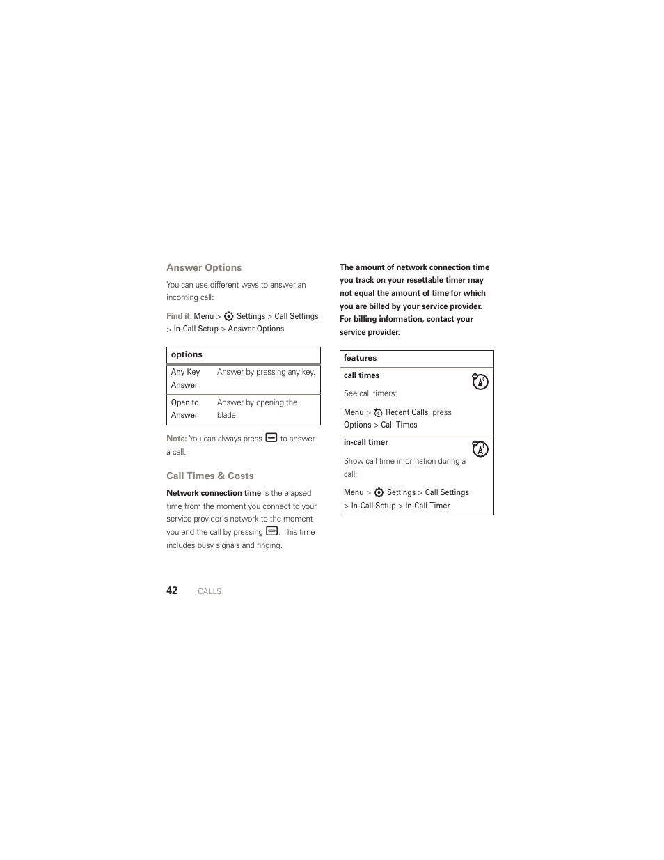 Answer options, Call times & costs | Motorola AURA R1 User Manual | Page 44 / 106