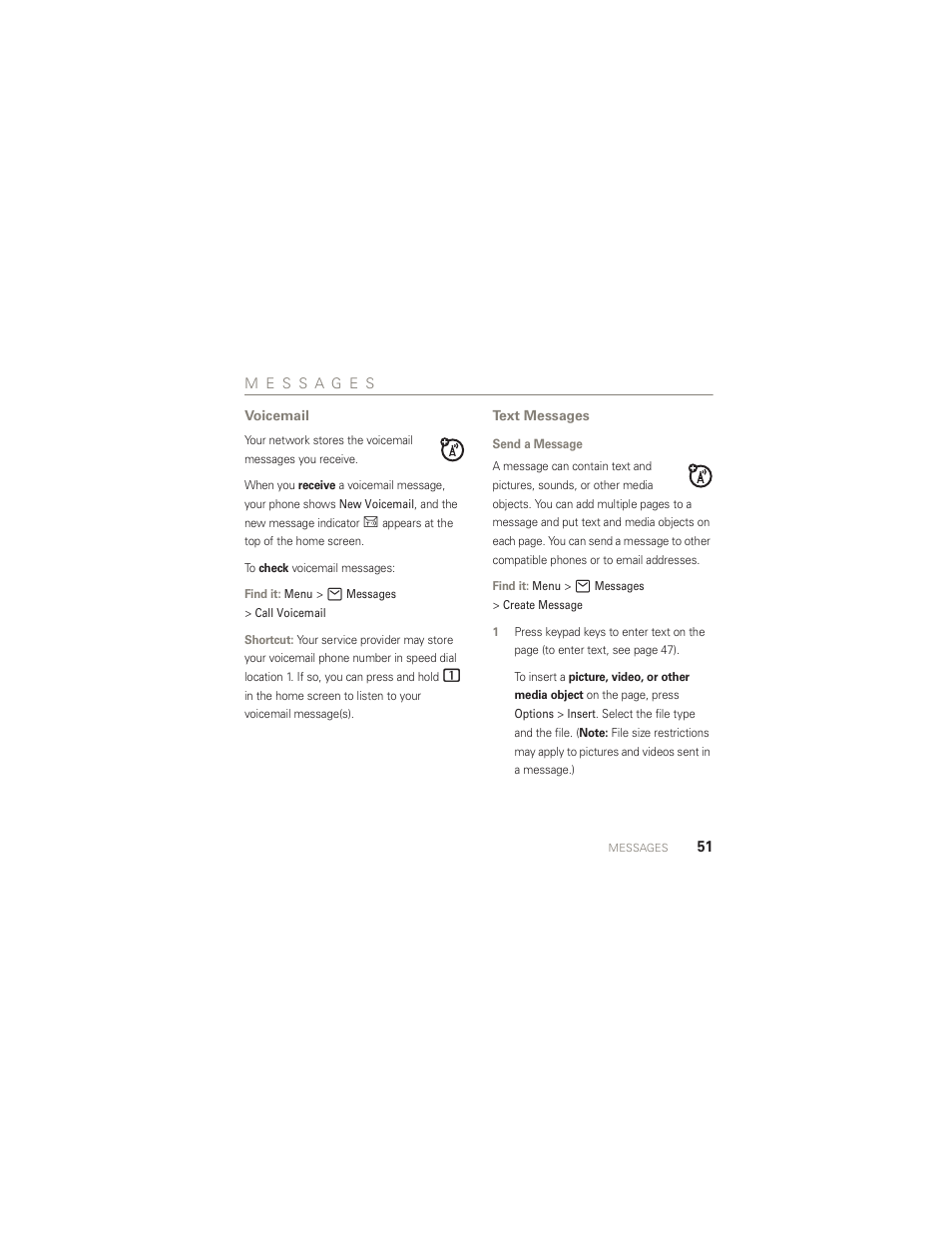 Messages, Voicemail, Text messages | Motorola AURA R1 User Manual | Page 53 / 106