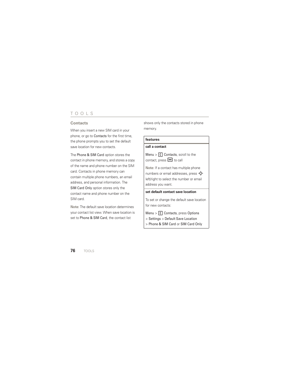Tools, Contacts | Motorola AURA R1 User Manual | Page 78 / 106