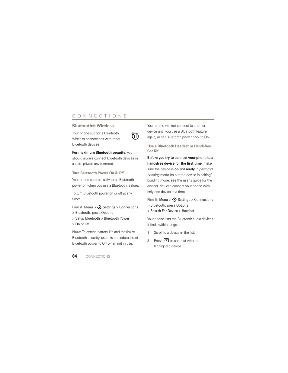 Connections, Bluetooth® wireless, Bluetooth | Motorola AURA R1 User Manual | Page 86 / 106