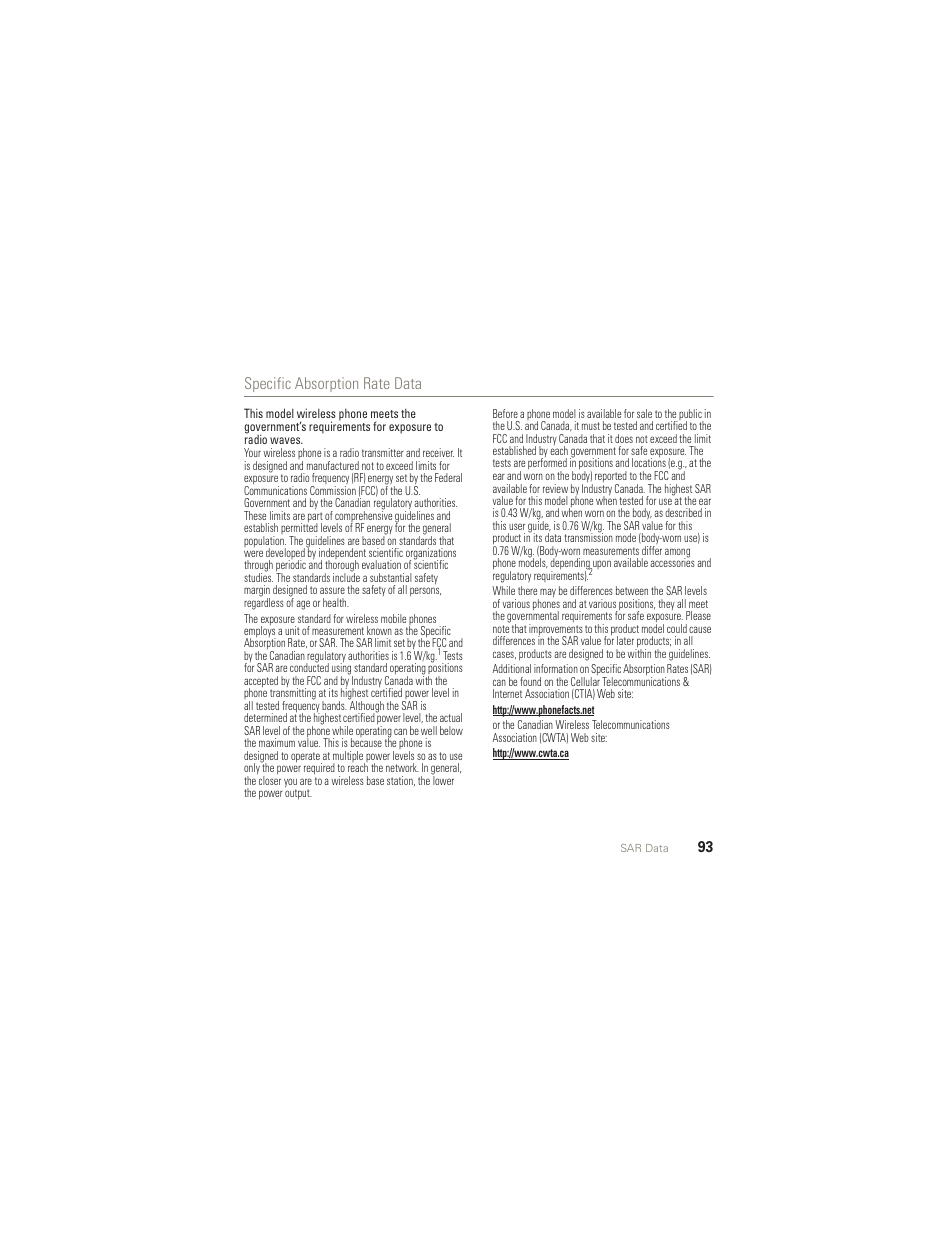 Sar data, Specific absorption rate data | Motorola AURA R1 User Manual | Page 95 / 106