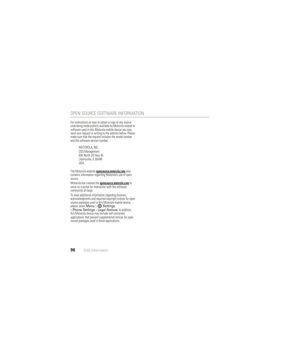 Oss information, Open source software information | Motorola AURA R1 User Manual | Page 98 / 106