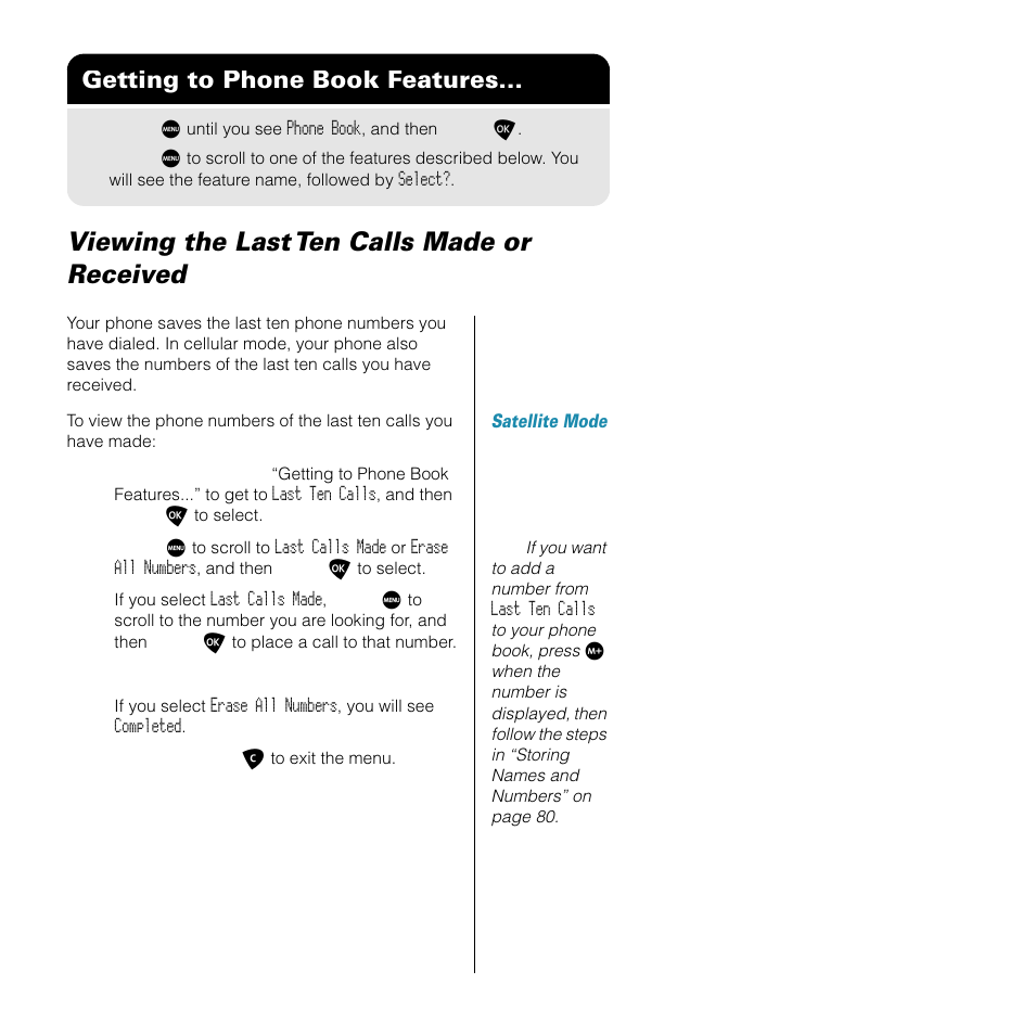 Viewing the last ten calls made or received, Viewing the last ten calls made or received . 97, Getting to phone book features | Motorola 9505 User Manual | Page 101 / 228