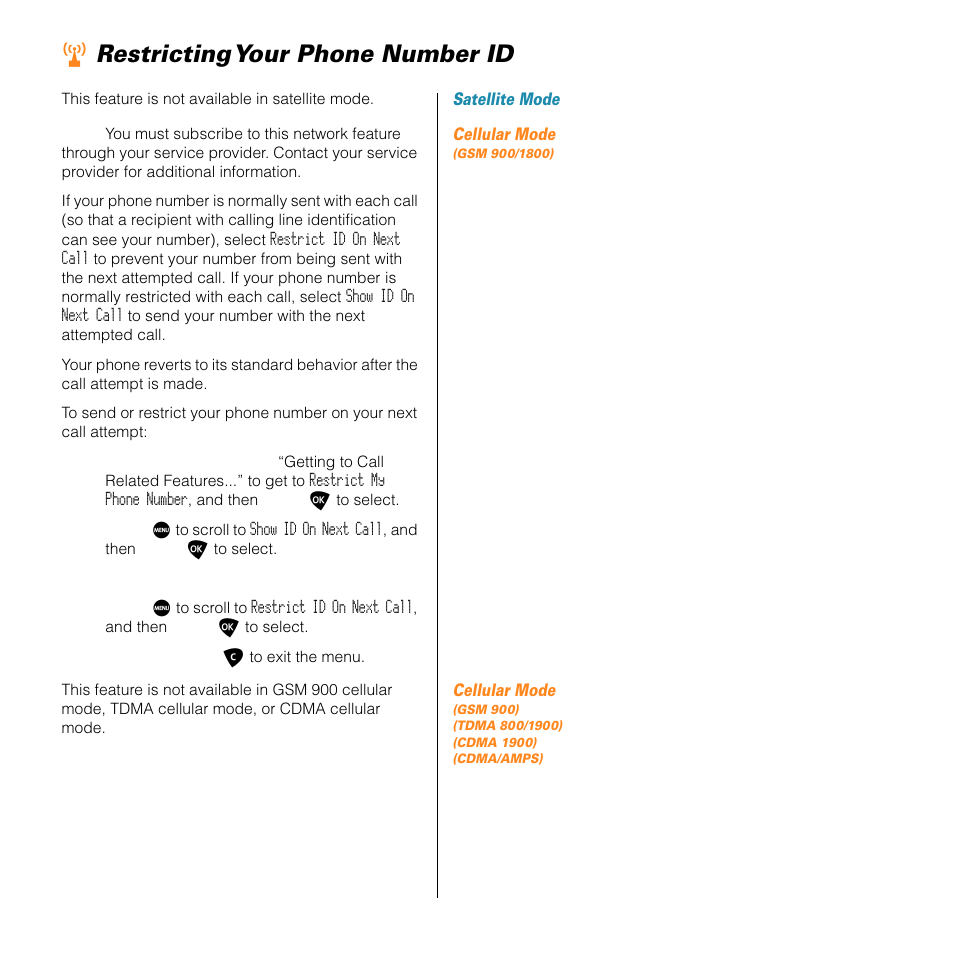 Restricting your phone number id, Rrestricting your phone number id | Motorola 9505 User Manual | Page 129 / 228