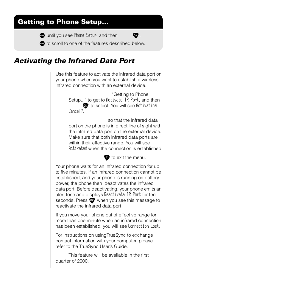 Activating the infrared data port, Getting to phone setup | Motorola 9505 User Manual | Page 160 / 228