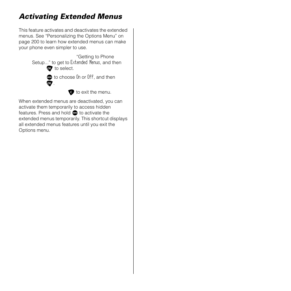 Activating extended menus | Motorola 9505 User Manual | Page 165 / 228