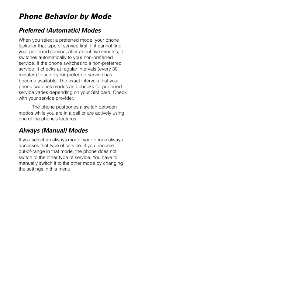 Phone behavior by mode, Preferred (automatic) modes, Always (manual) modes | Motorola 9505 User Manual | Page 191 / 228