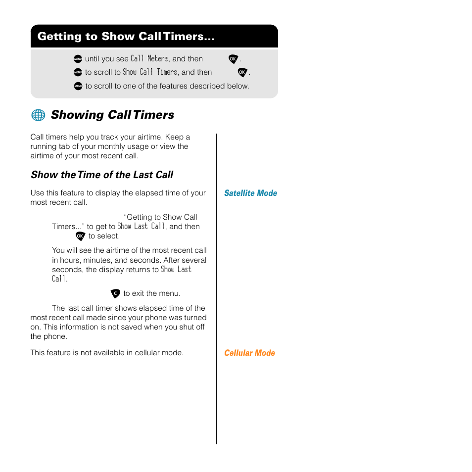 Showing call timers, Getting to show call timers, Show the time of the last call | Motorola 9505 User Manual | Page 197 / 228