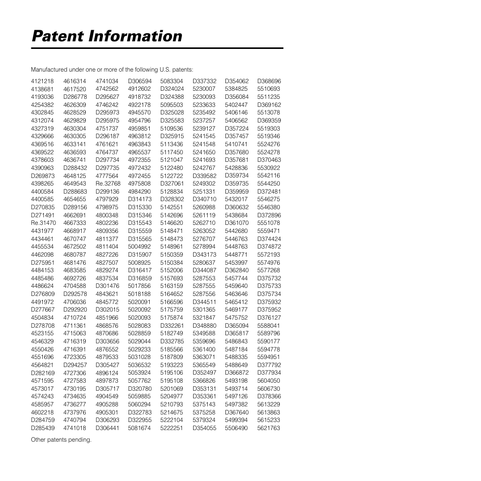 Patent information | Motorola 9505 User Manual | Page 225 / 228