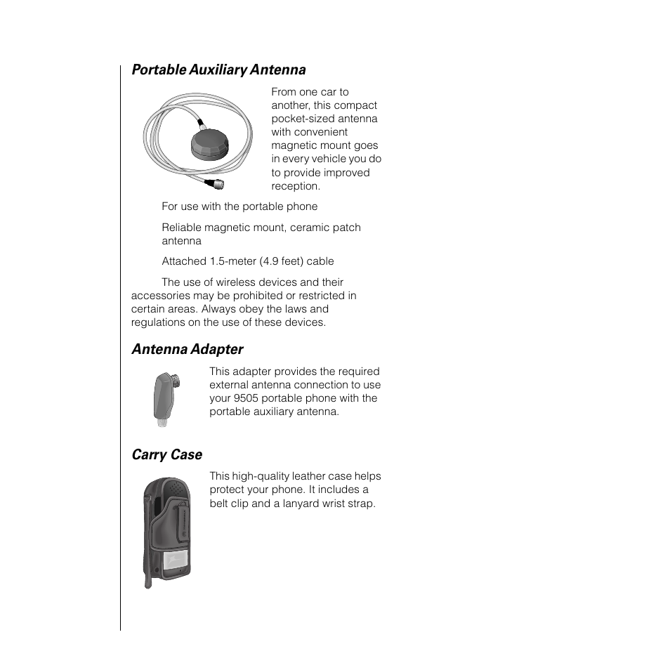 Portable auxiliary antenna, Antenna adapter, Carry case | Motorola 9505 User Manual | Page 26 / 228