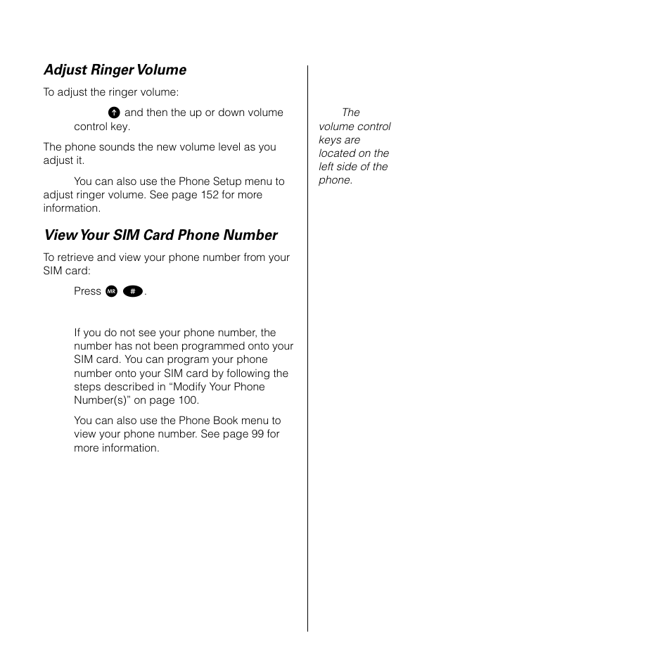 Adjust ringer volume, View your sim card phone number | Motorola 9505 User Manual | Page 59 / 228